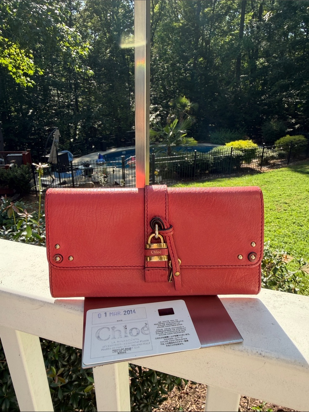Chloe  Paddington Coral Leather Wallet Clutch with Padlock Accent